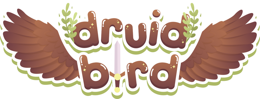 druid bird logo with sword, leaves, and brown wings