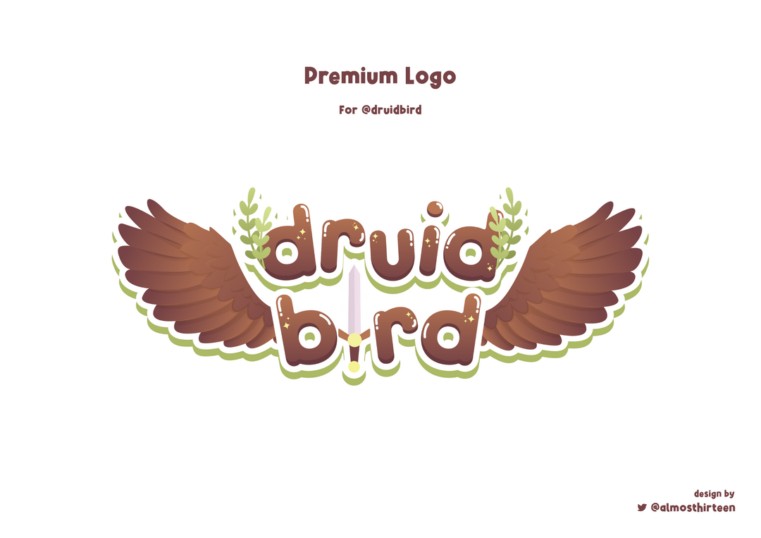 druid bird logo with sword, leaves, and brown wings